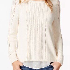 Lucky Brand Cream Sweater XS Metalic Gold Cable Knit Braid Sheer Open Back Detai